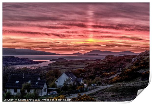 A light pillar rising beyond the Outer Hebrides. Print by Richard Smith
