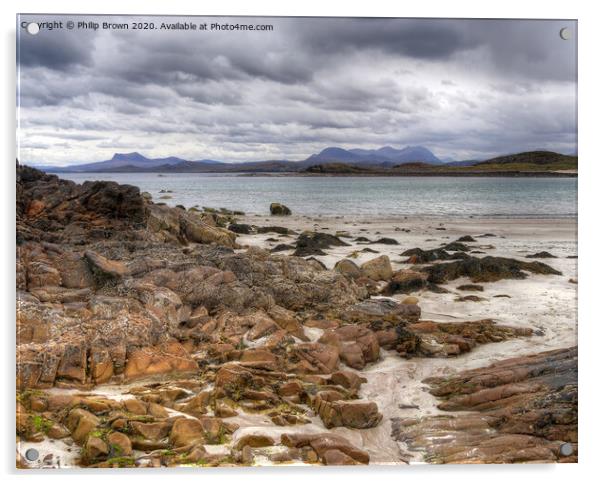 Mellon Udrigle with mountain views at Dusk Acrylic by Philip Brown