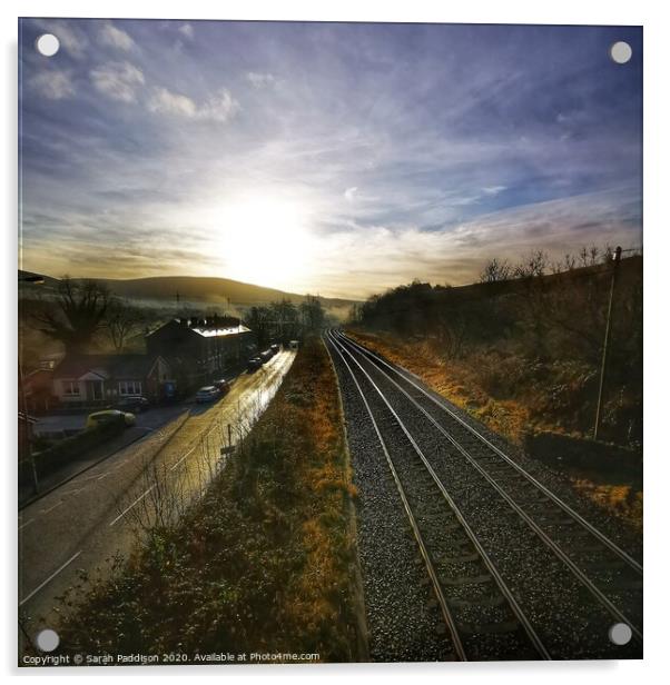 Rail and road at sunrise, Mossley Acrylic by Sarah Paddison