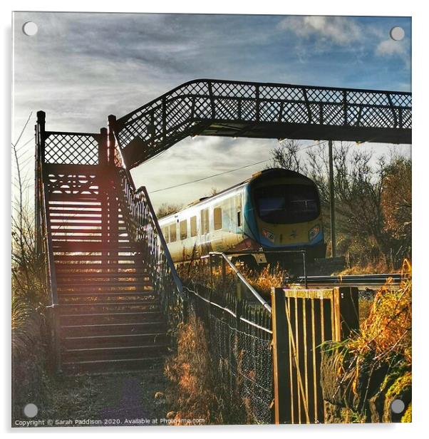 Iron railway bridge with train, Mossley Acrylic by Sarah Paddison