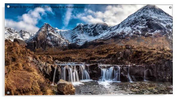 A broad waterfall within the Fairy Pools area in Coire na Creiche. Acrylic by Richard Smith