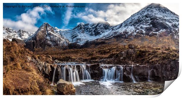 A broad waterfall within the Fairy Pools area in Coire na Creiche. Print by Richard Smith