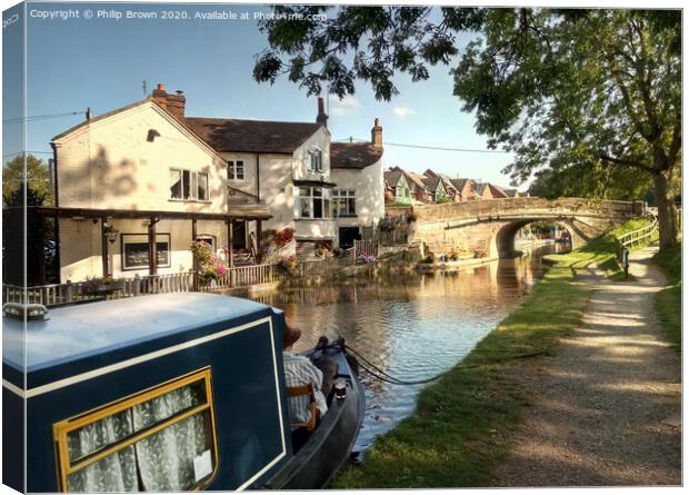 Narrowboat and Pub on Canal in Gnosall, Staffordsh Canvas Print by Philip Brown