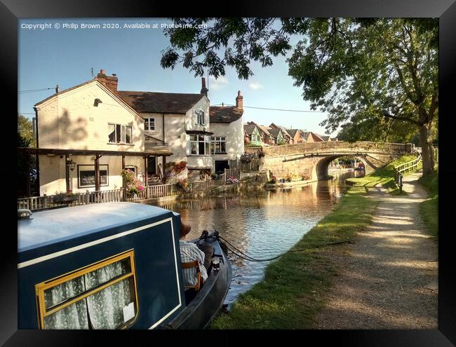 Narrowboat and Pub on Canal in Gnosall, Staffordsh Framed Print by Philip Brown