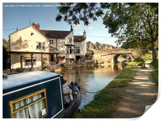 Narrowboat and Pub on Canal in Gnosall, Staffordsh Print by Philip Brown