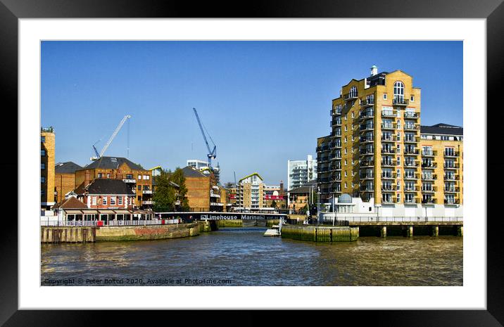 The entrance to Limehouse Marina from the River Thames, London. Framed Mounted Print by Peter Bolton