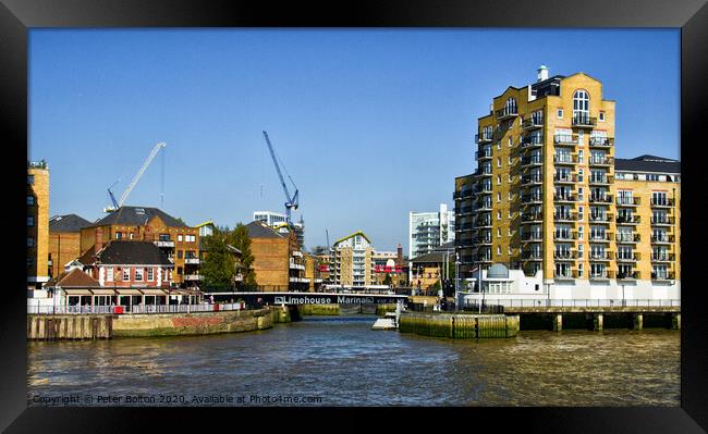 The entrance to Limehouse Marina from the River Thames, London. Framed Print by Peter Bolton