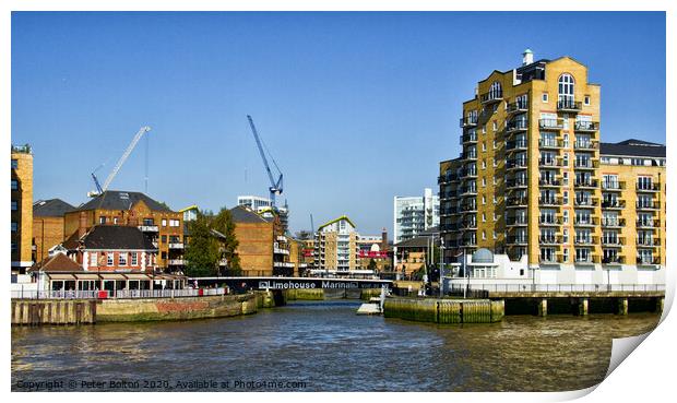 The entrance to Limehouse Marina from the River Thames, London. Print by Peter Bolton