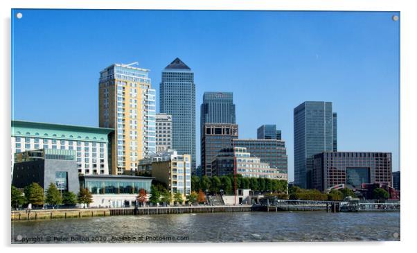 Canary Wharf business district viewed form the Thames on The Isle of Dogs, London, UK. Acrylic by Peter Bolton