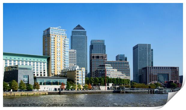 Canary Wharf business district viewed form the Thames on The Isle of Dogs, London, UK. Print by Peter Bolton