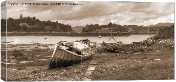 Old derelict boats at Badachro, Scotland, Panorama Canvas Print by Philip Brown