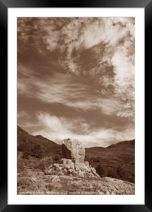 Bruce's Stone in Glen Trool in Dumfries and Galloway, Scotland - in sepia Framed Mounted Print by Robert MacDowall