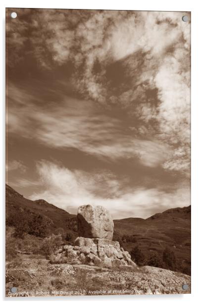 Bruce's Stone in Glen Trool in Dumfries and Galloway, Scotland - in sepia Acrylic by Robert MacDowall