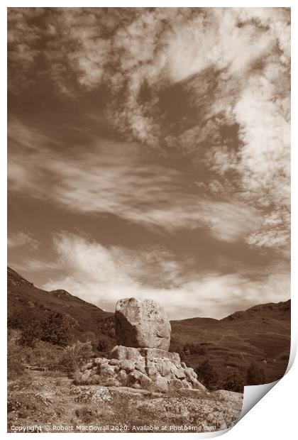Bruce's Stone in Glen Trool in Dumfries and Galloway, Scotland - in sepia Print by Robert MacDowall
