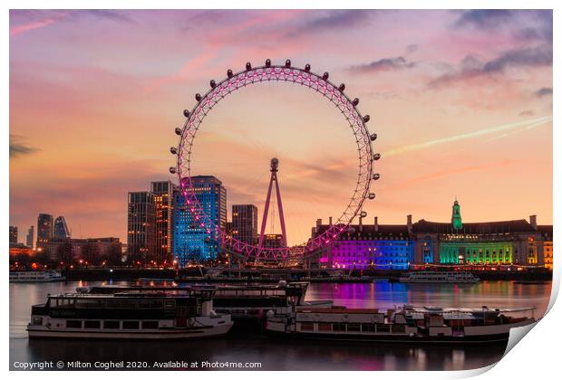The London Eye at sunrise Print by Milton Cogheil