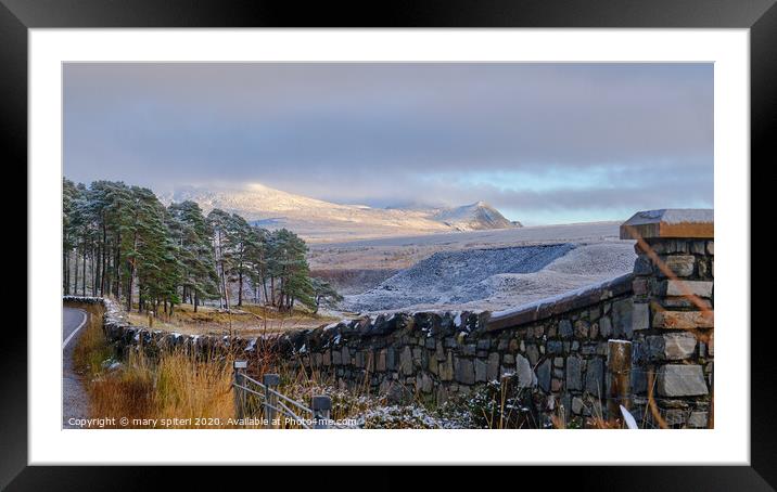 A view to snow kissed mountains at Achnasheen Framed Mounted Print by mary spiteri