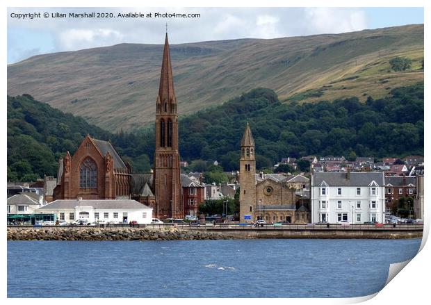 Clarks Memorial and St Johns Church Largs.  Print by Lilian Marshall