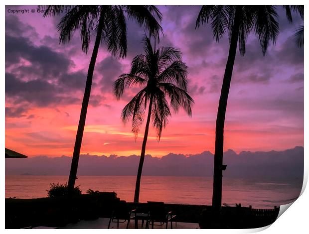 Tropical palm tree sunrise seascape. Thailand. Print by Geoff Childs
