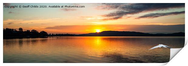 Orange sunrise waterscape reflections panorama. Print by Geoff Childs