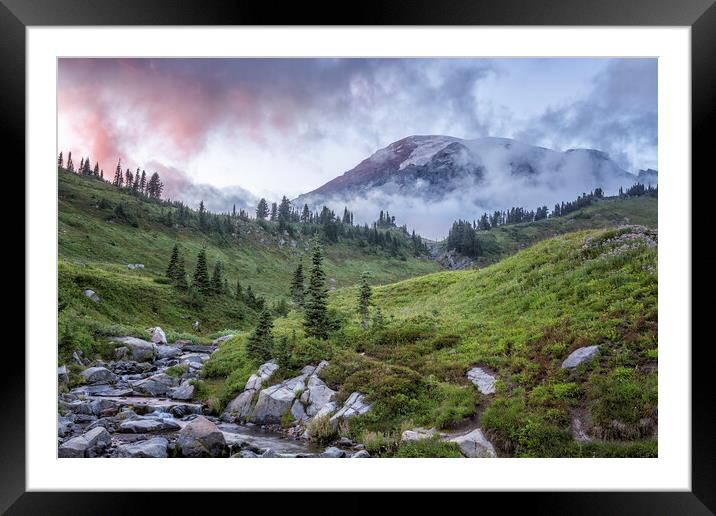 Mount Rainier and Edith Creek at Sunset Framed Mounted Print by Belinda Greb