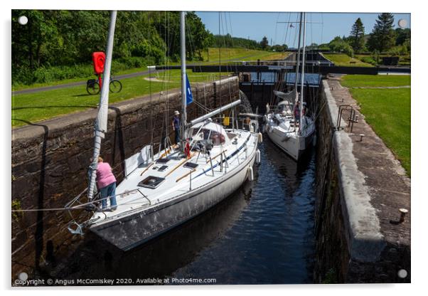 Yachts between locks at Dunardry on Crinan Canal Acrylic by Angus McComiskey