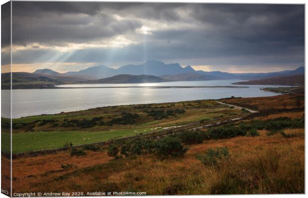 Light shafts over the Kyle of Tongue Canvas Print by Andrew Ray