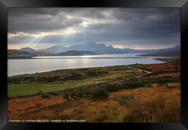 Light shafts over the Kyle of Tongue Framed Print by Andrew Ray