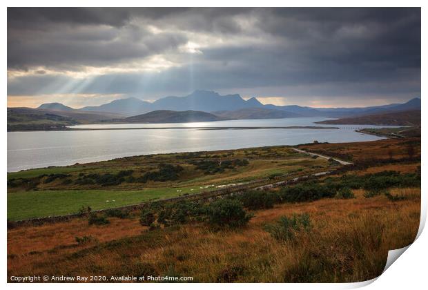 Light shafts over the Kyle of Tongue Print by Andrew Ray