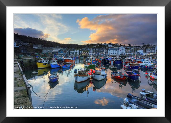 Mevagissey Harbour at sunset Framed Mounted Print by Andrew Ray