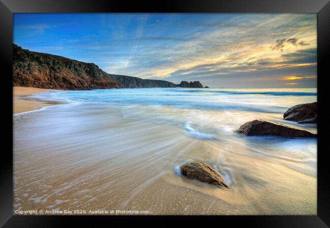 Sunrise at Porthcurno Framed Print by Andrew Ray
