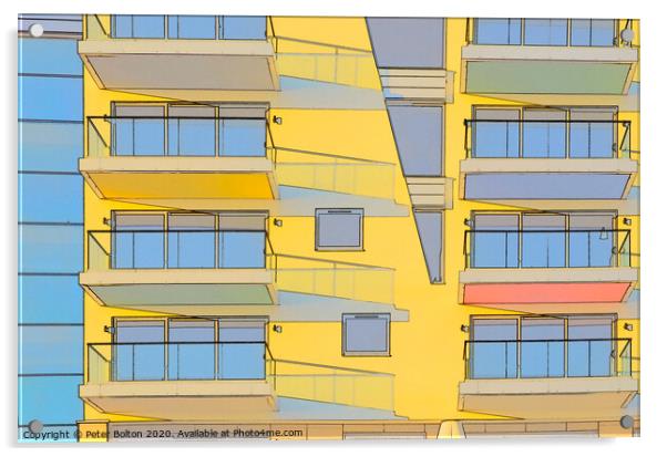 Abstract image formed by apartment architecture at Westcliff on Sea, Essex, UK. Acrylic by Peter Bolton