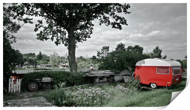 Red trailer parked next to a big tree Print by Sandra Broenimann