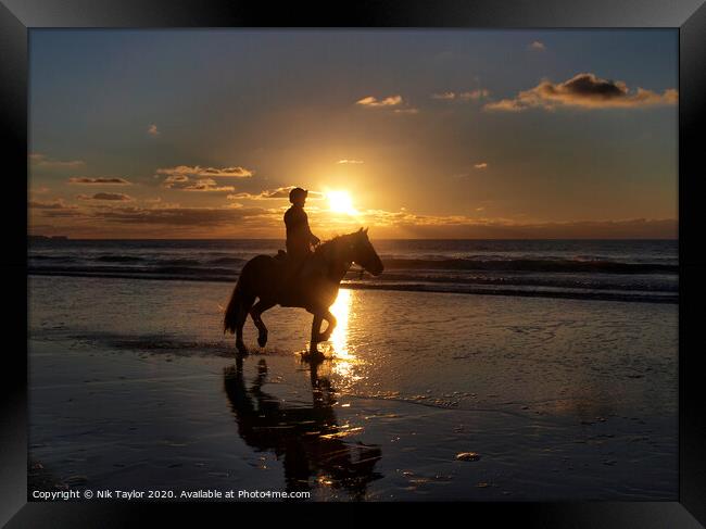 Horse riding on the beach Framed Print by Nik Taylor
