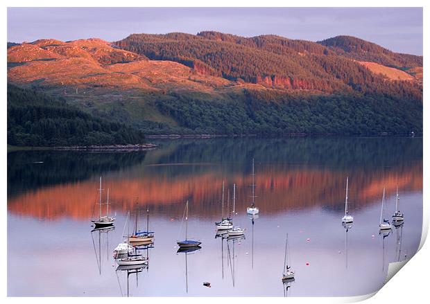 Boats Moored in Scottish Sunset Print by Tim O'Brien