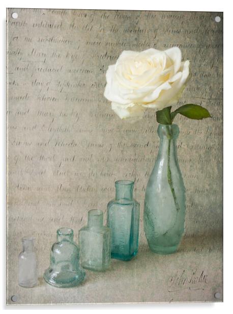 Vintage bottles with white rose Acrylic by Eileen Wilkinson ARPS EFIAP
