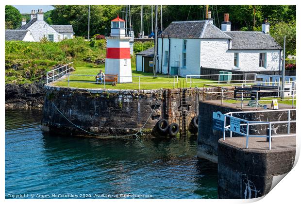 Sea lock and lighthouse on Crinan Canal, Scotland Print by Angus McComiskey