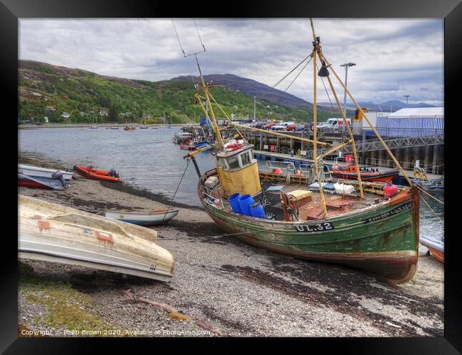 Old Fishing Boat in Ullapool, Scotland Framed Print by Philip Brown