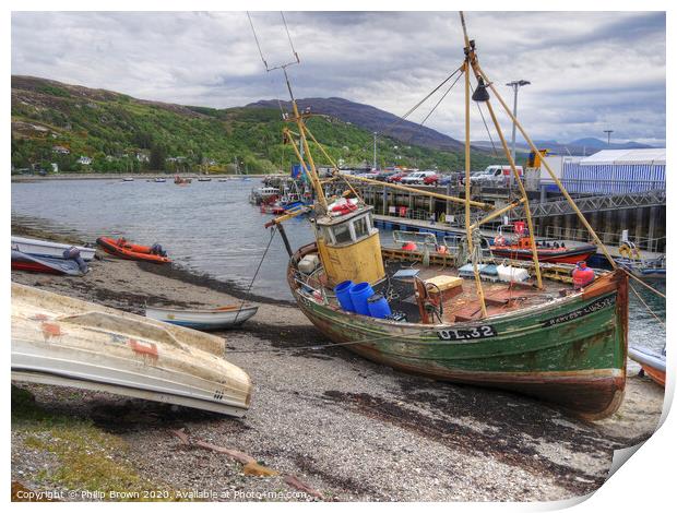 Old Fishing Boat in Ullapool, Scotland Print by Philip Brown
