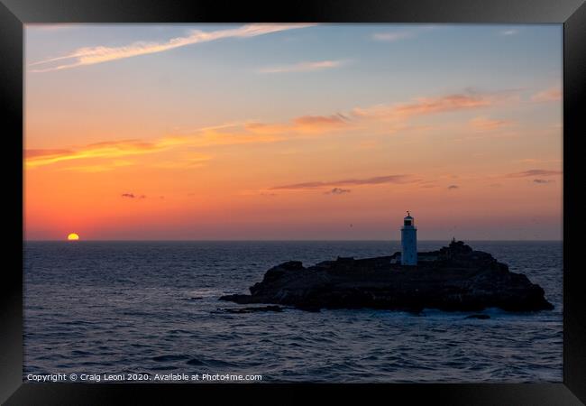 Sunset Gwithian lighthouse Cornwall Framed Print by Craig Leoni