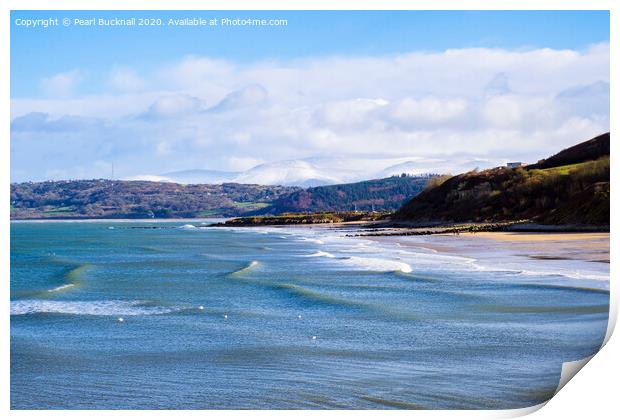 Benllech Beach Anglesey and Snowy Mountains Print by Pearl Bucknall