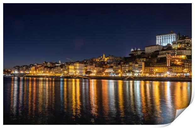 Night city skyline of Porto in Portugal Print by Steve Heap