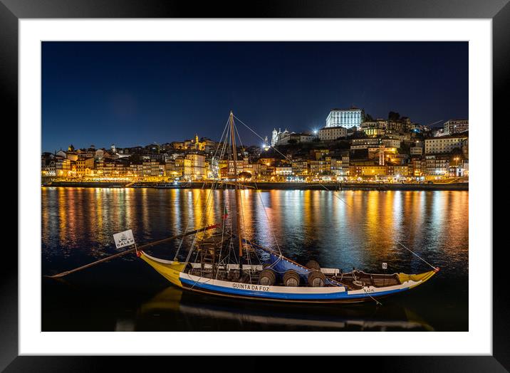 Rabelo boats of Porto in Portugal at night Framed Mounted Print by Steve Heap