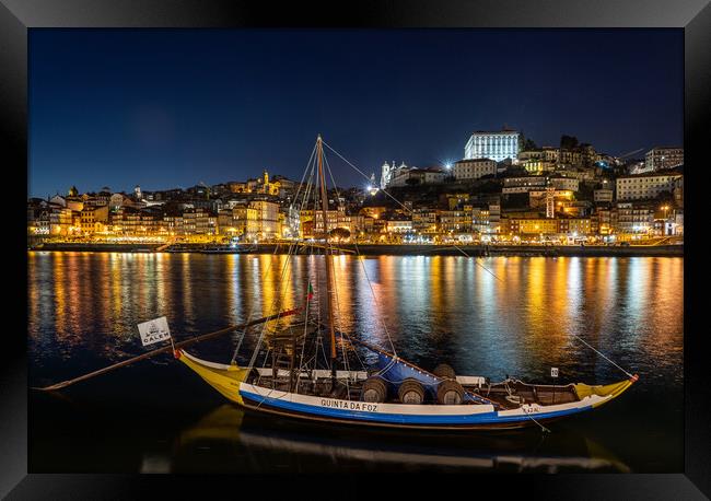 Rabelo boats of Porto in Portugal at night Framed Print by Steve Heap