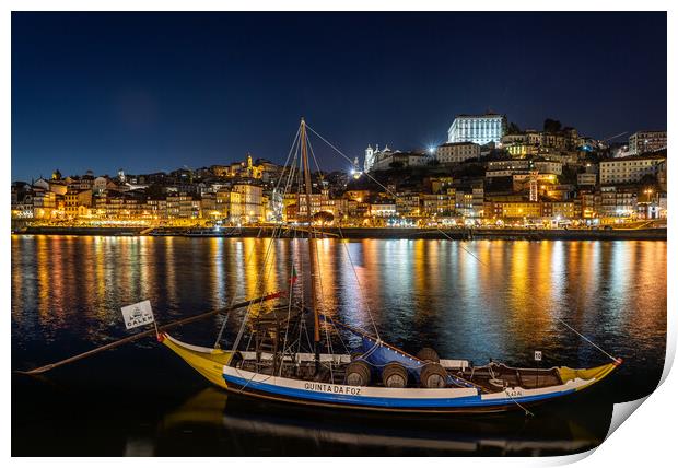 Rabelo boats of Porto in Portugal at night Print by Steve Heap