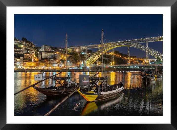 Rabelo boats of Porto in Portugal with bridge Framed Mounted Print by Steve Heap
