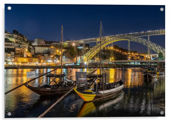 Rabelo boats of Porto in Portugal with bridge Acrylic by Steve Heap