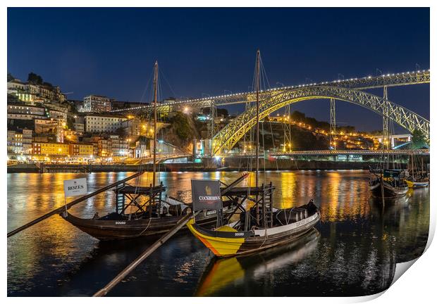 Rabelo boats of Porto in Portugal with bridge Print by Steve Heap