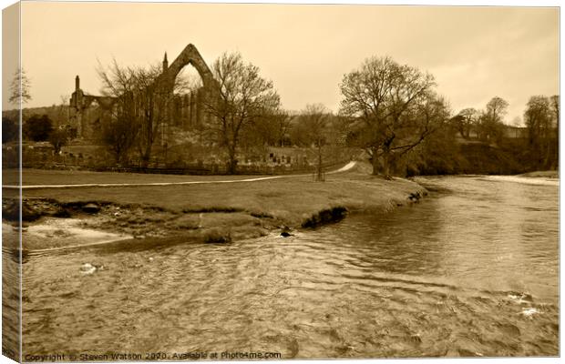The River Wharfe and Bolton Priory (Monochrome) Canvas Print by Steven Watson
