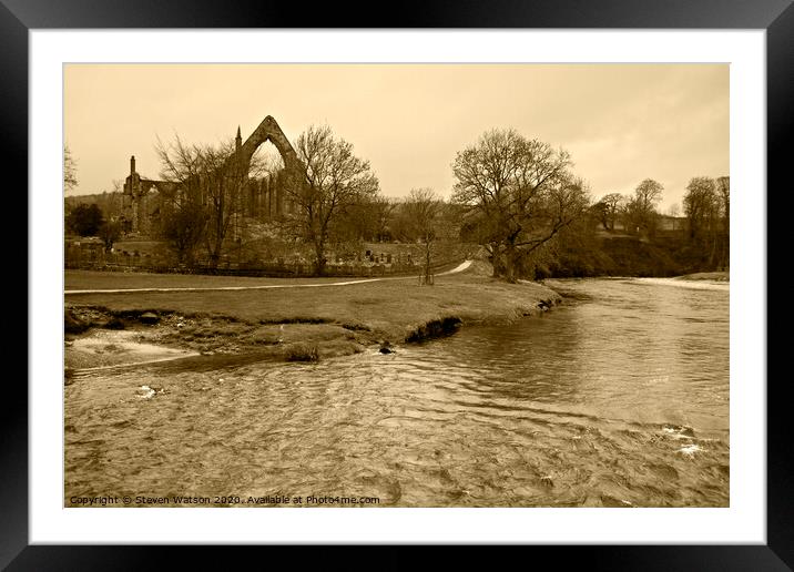 The River Wharfe and Bolton Priory (Monochrome) Framed Mounted Print by Steven Watson