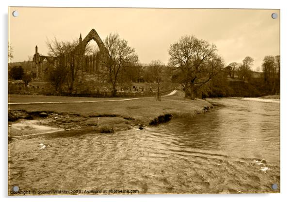 The River Wharfe and Bolton Priory (Monochrome) Acrylic by Steven Watson